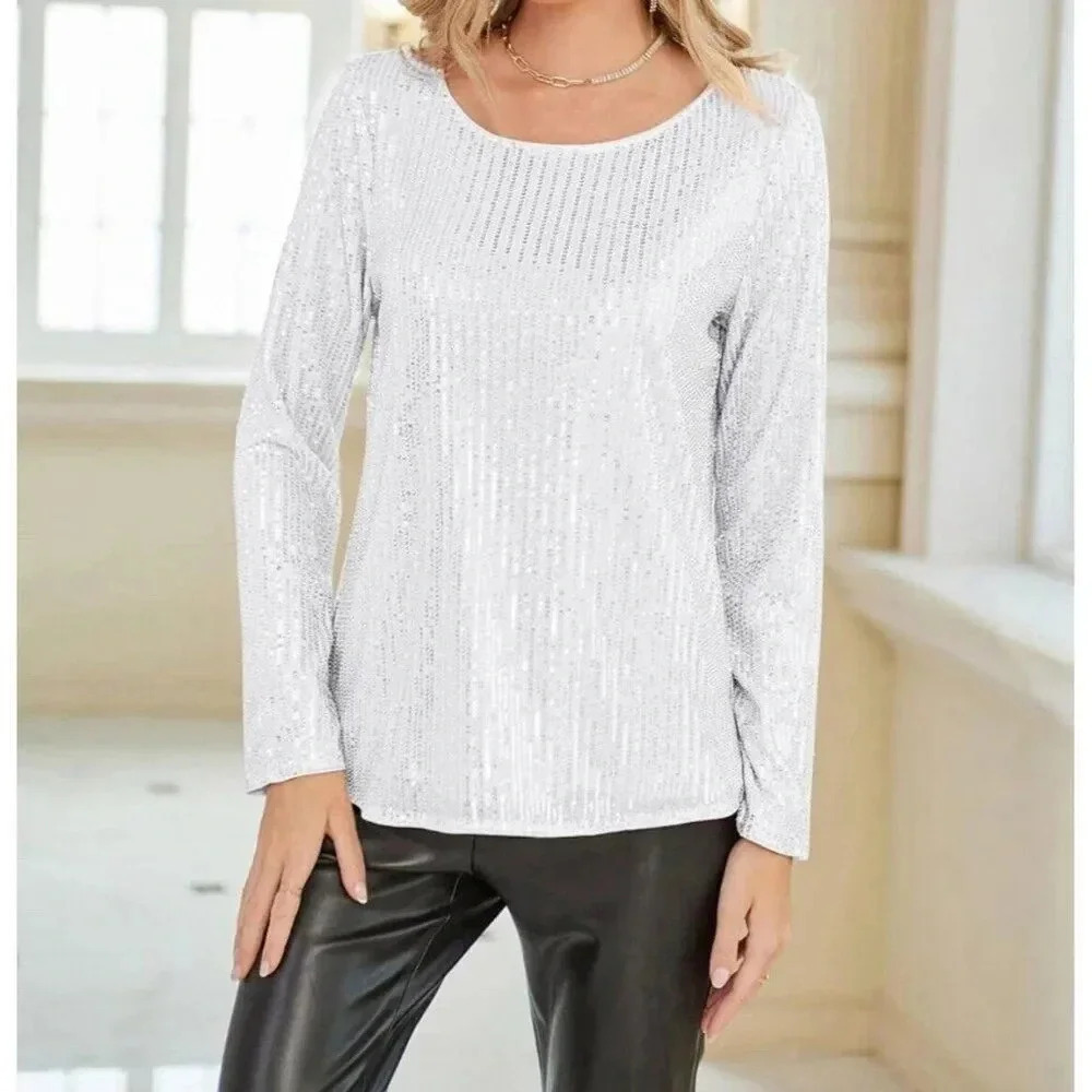 NWT Grace Karin Women Silver White Sequined Long Sleeve Top Size S